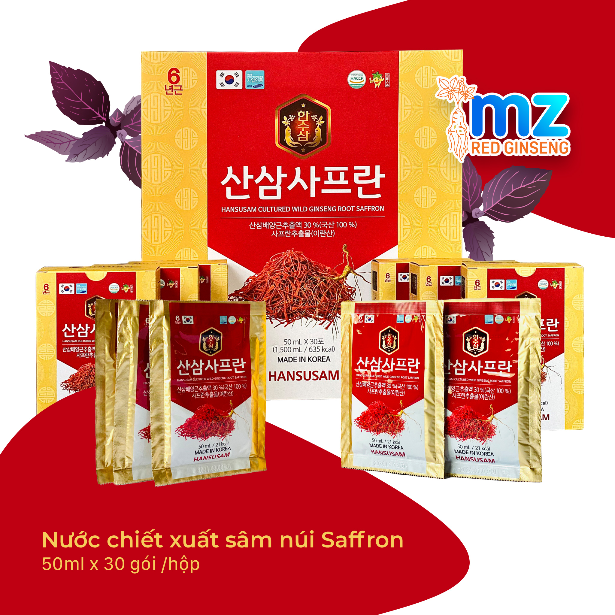 Nước chiết xuất sâm núi Saffron Hansusam, hộp 30 gói x 50ml