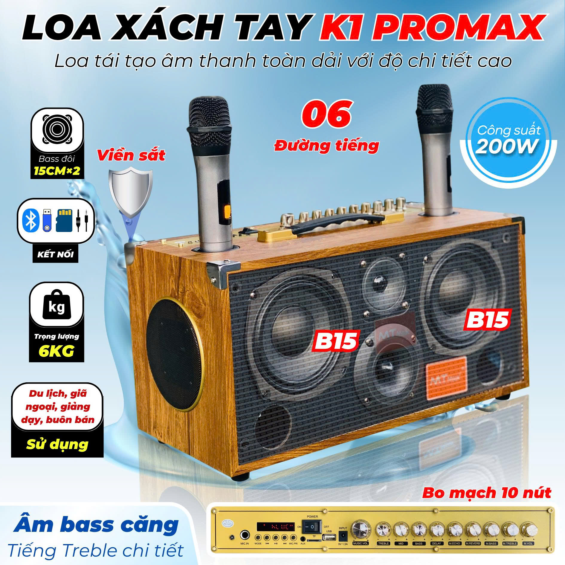 Loa Xách Tay Karaoke Nghe Nhạc K1 ProMax – Bass Đôi 15cm, Công Suất 200W, 6 Đường Tiếng, Kèm Micro Hát Hay Hàng Nhập Khẩu