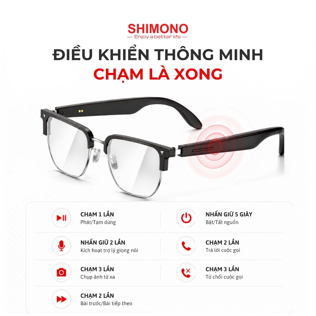Kính Thông Minh Bluetooth SHIMONO AIMB-V2 Nghe Nhạc OpenEar, Đàm Thoại Rảnh Tay, Điều Khiển Cảm Ứng Hàng Chính Hãng