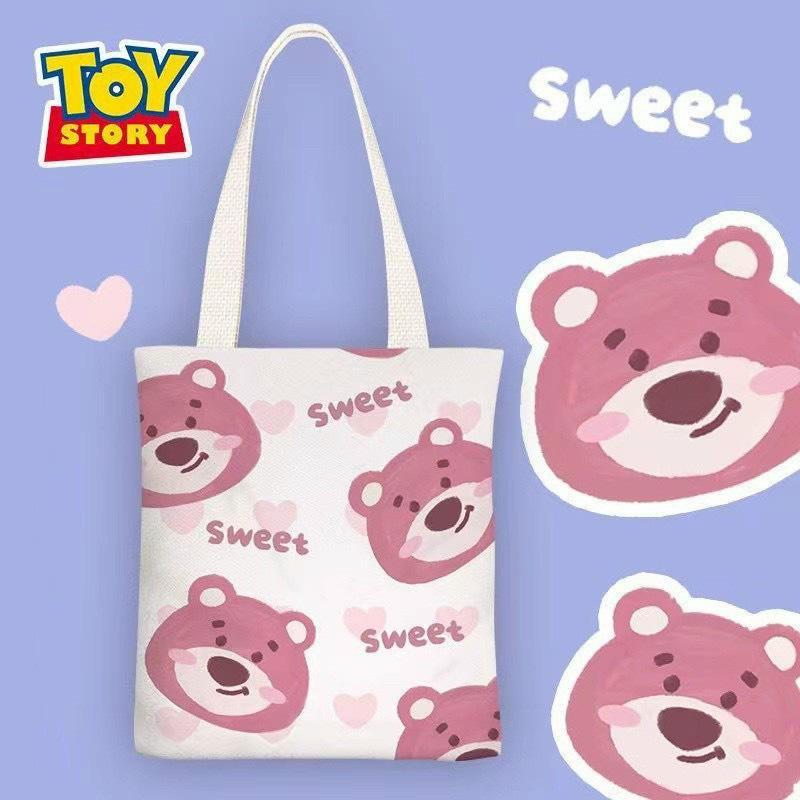 Túi xách đeo vai túi tote vải đi học thêm đi chơi in 2 mặt hình gấu dâu hồng LOTSO dễ thương có khóa kéo cho bé gái