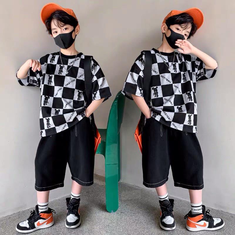 Đồ bộ bé trai Con Xinh cotton hình in Gấu ô vuông, quần áo dành cho trẻ em từ 14 đến 45kg