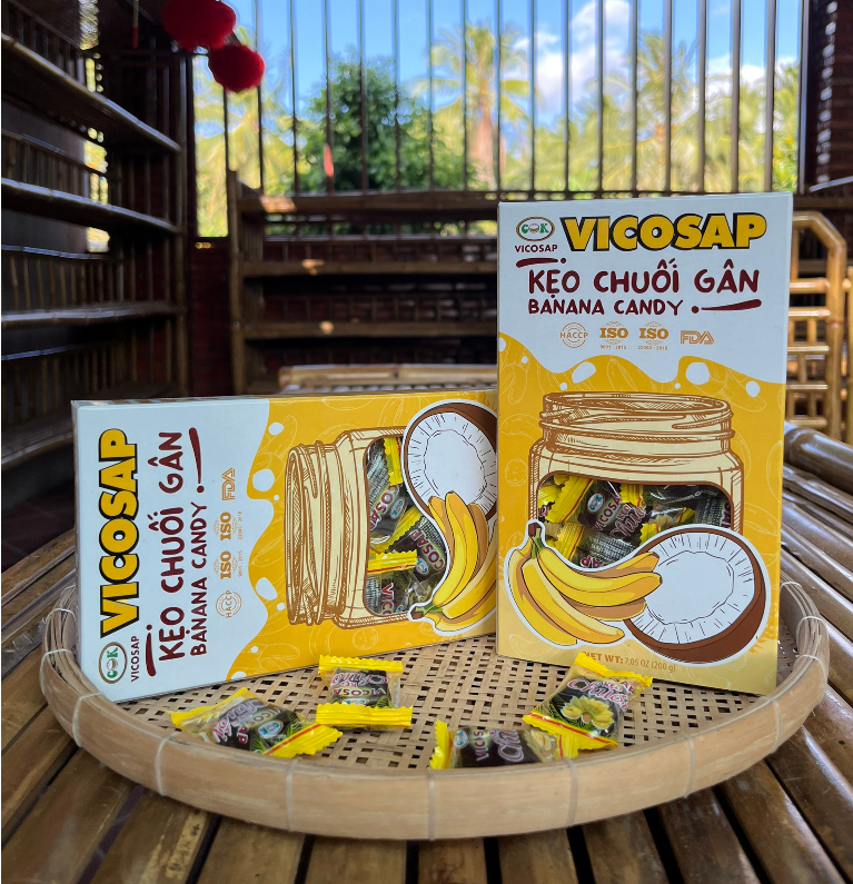 Kẹo chuối gân VICOSAP vị sầu riêng nguyên chất kẹo dẻo mềm ít đường đặc sản Trà Vinh hộp 200g