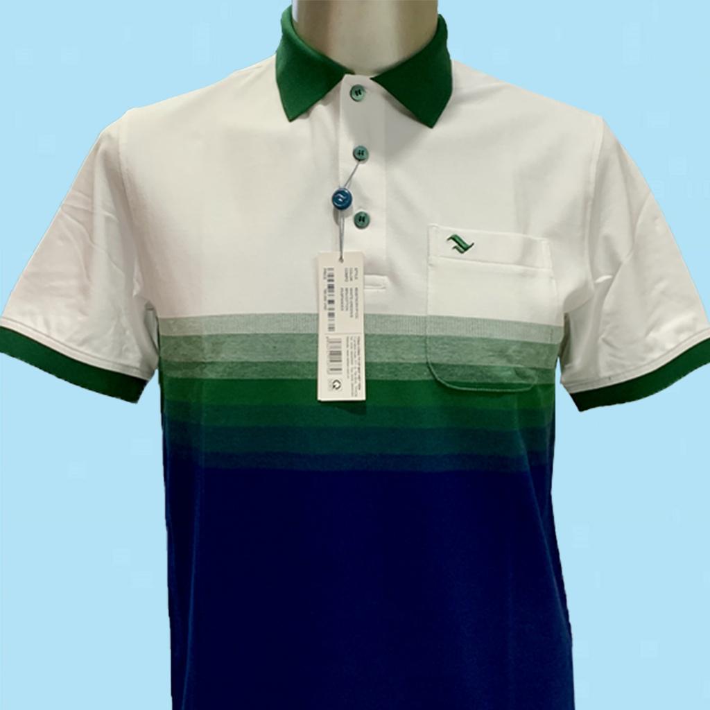 Viettien - Áo thun nam có cổ sọc ngang ngực Trắng xanh 6