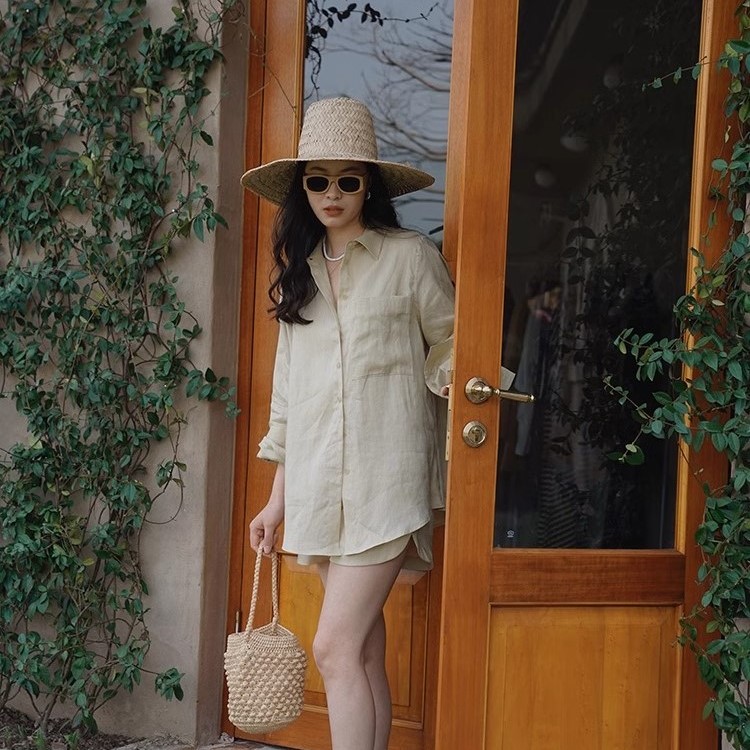 Bộ sơ mi nữ màu be nhẹ nhàng phong cách vintage Hàn Quốc, chất linen mềm mát Đũi Việt DV05