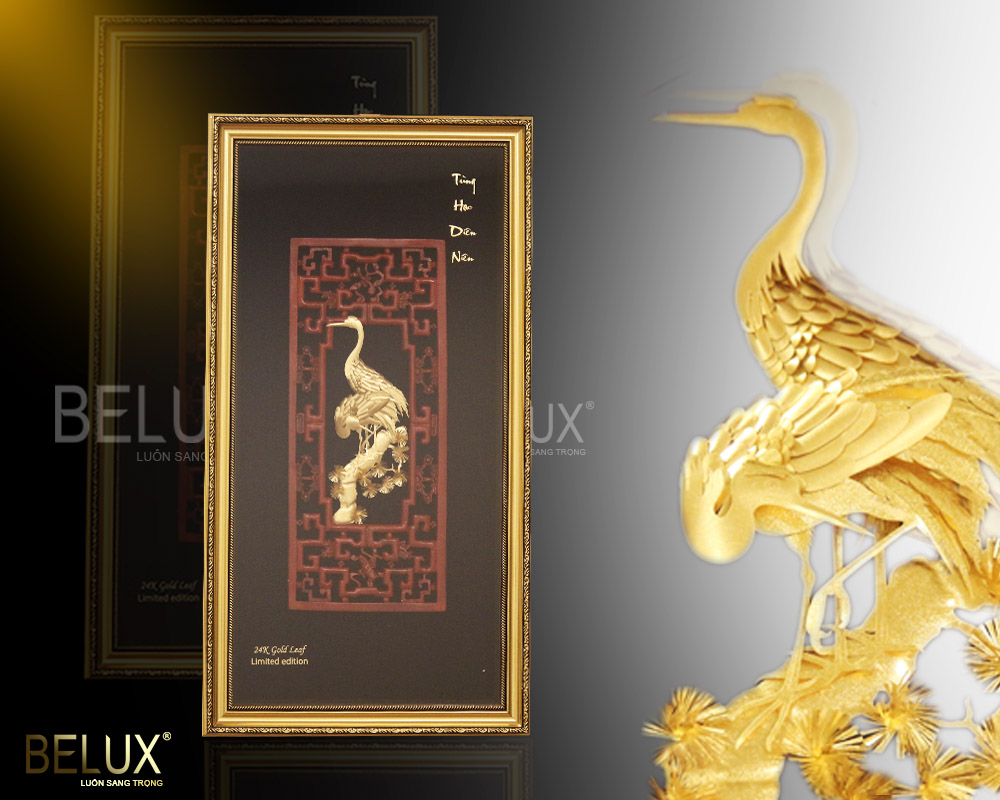 Tranh tùng hạc diên niên dát vàng 24K