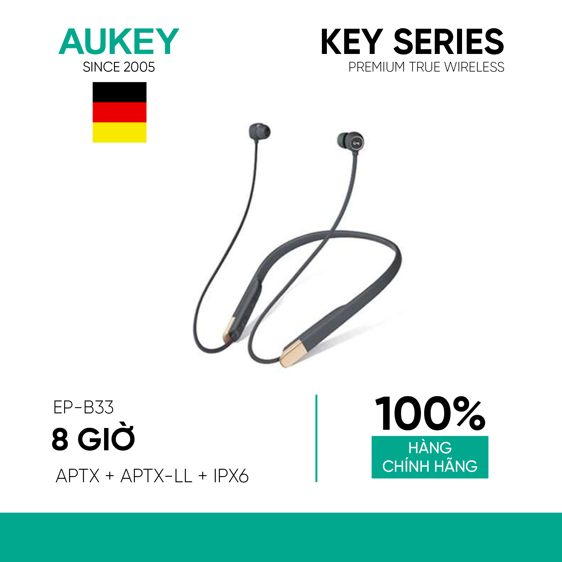 Tai Nghe Bluetooth AUKEY EP-B33, aptX / aptX-LL, 10mm Driver Graphene, Kháng Nước IPX6, 8 Giờ Nghe Nhạc - Hàng Chính Hãng