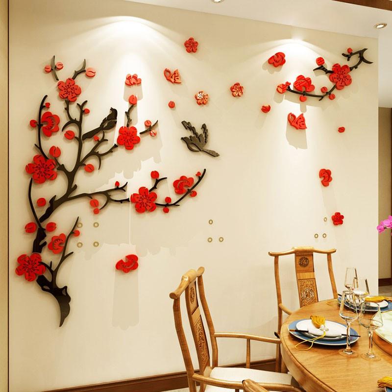 Tranh dán tường mica 3d decor khổ lớn hoa đào trang trí tết phòng khách, phòng ngủ