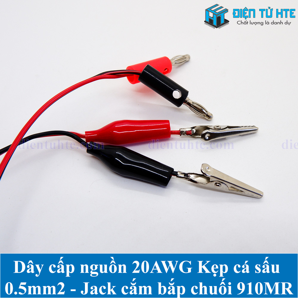 Dây cấp nguồn 20AWG 0.52mm2 đầu kẹp cá sấu 35mm - Jack cắm bắp chuối 910MR Đỏ+Đen