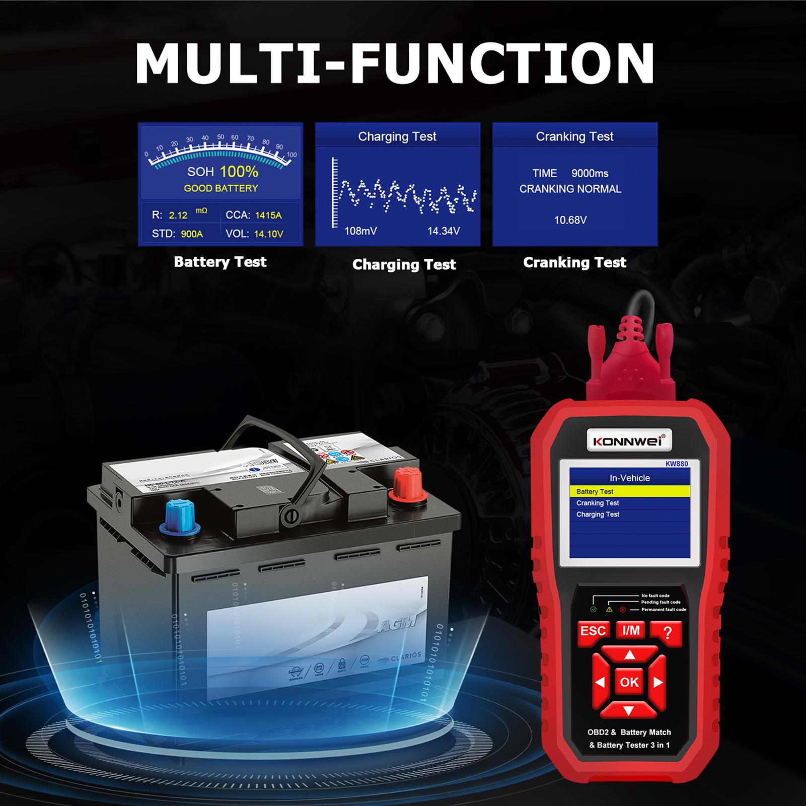 KONNWEI KW880 Universal Battery Tester& Car Battery Match Car OBDII Diagnostic Fault Scanner for 6V-12V Car Motorcycle Battery Test