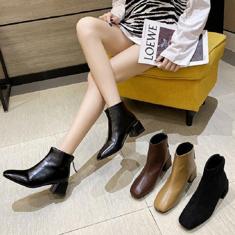 Giày Bốt Phong cách Hàn Quốc phụ nữ dây kéo trở lại thời trang giày cao gót dày gót ngắn