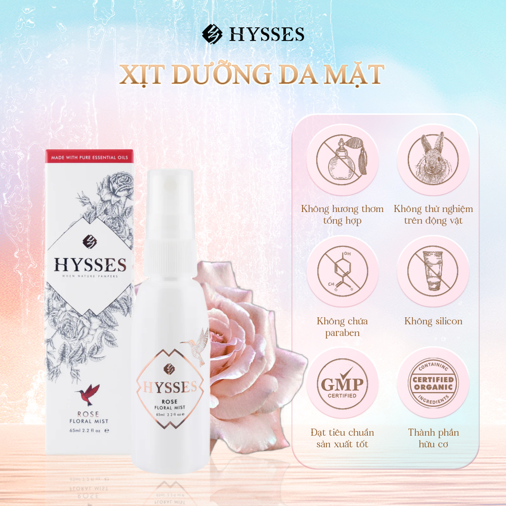 Nước Xịt Khoáng Cao Cấp Hysses Floral Mist Cấp Ẩm Tức Thì Cho Da Căng Mọng, Làm Sáng Da, Chống Lão Hóa Với Tinh Dầu Hoa Hồng Hữu Cơ Tự Nhiên