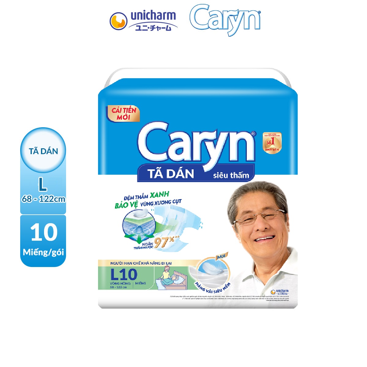 Tã Dán Người Lớn Caryn Siêu Thấm Size L - 10 Miếng/20 Miếng/40 Miếng Dành Cho Người Hạn Chế Khả Năng Đi Lại