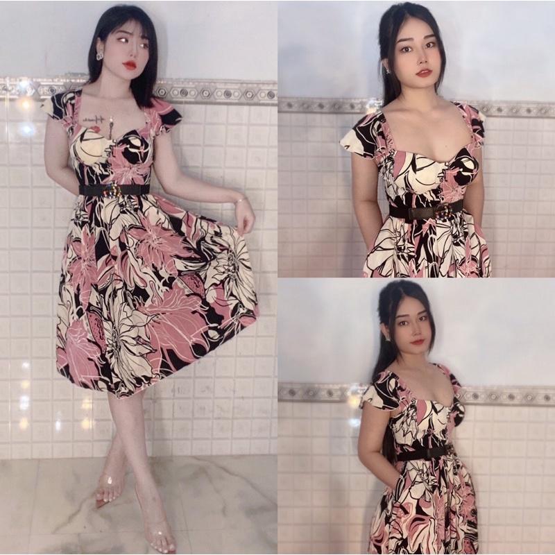Đầm xoè hoạ tiết hoa cúp ngực cánh tiên có túi hai bên