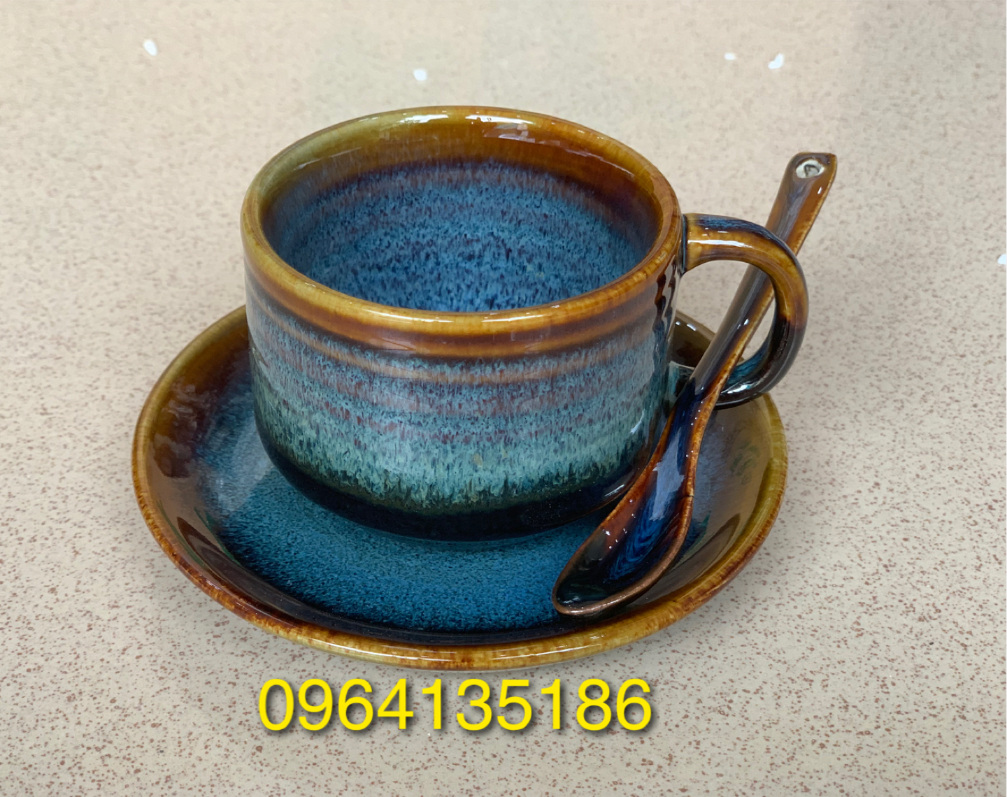 Set cốc đĩa thìa cà phê nóng men hoả biến xanh dương gốm sứ Bát Tràng