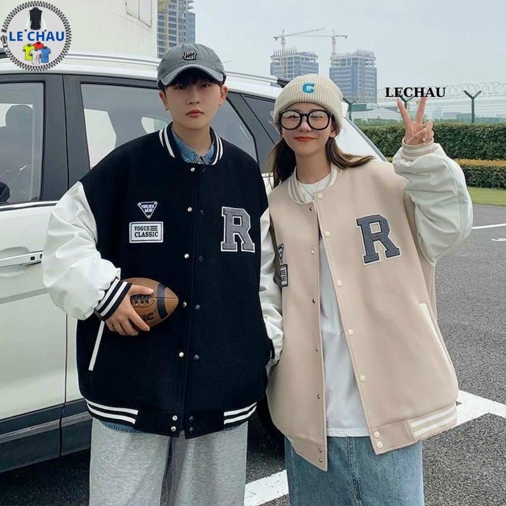 Áo khoác bomber nam nữ ulzzang hottrend logo R Varsity jacket da lộn cao cấp unisex form rộng streetstyle đẹp xịn - F426 Đen &lt; 70kg