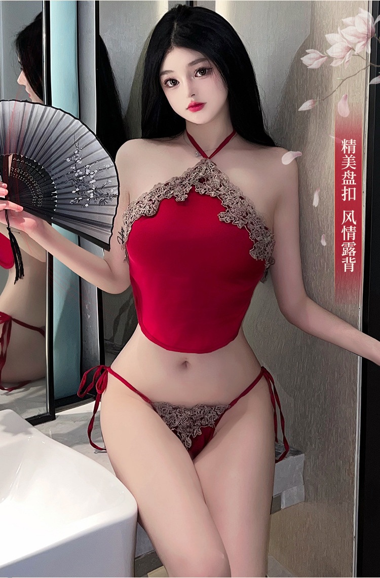 Đồ Ngủ Cổ Yếm Kiểu Trung Hoa Lụa Satin Đỏ,Set Nội Y Quần Cột Dây + Áo Lụa Cổ Tàu Gợi Cảm,Yếm Lụa Sexy Phối Ren Hoa Vintage, Set Yếm Ren Lụa Đỏ Đô Gợi Cảm ,Bộ Nội Y Sexy Gợi Cảm Viền Ren Hoa C018