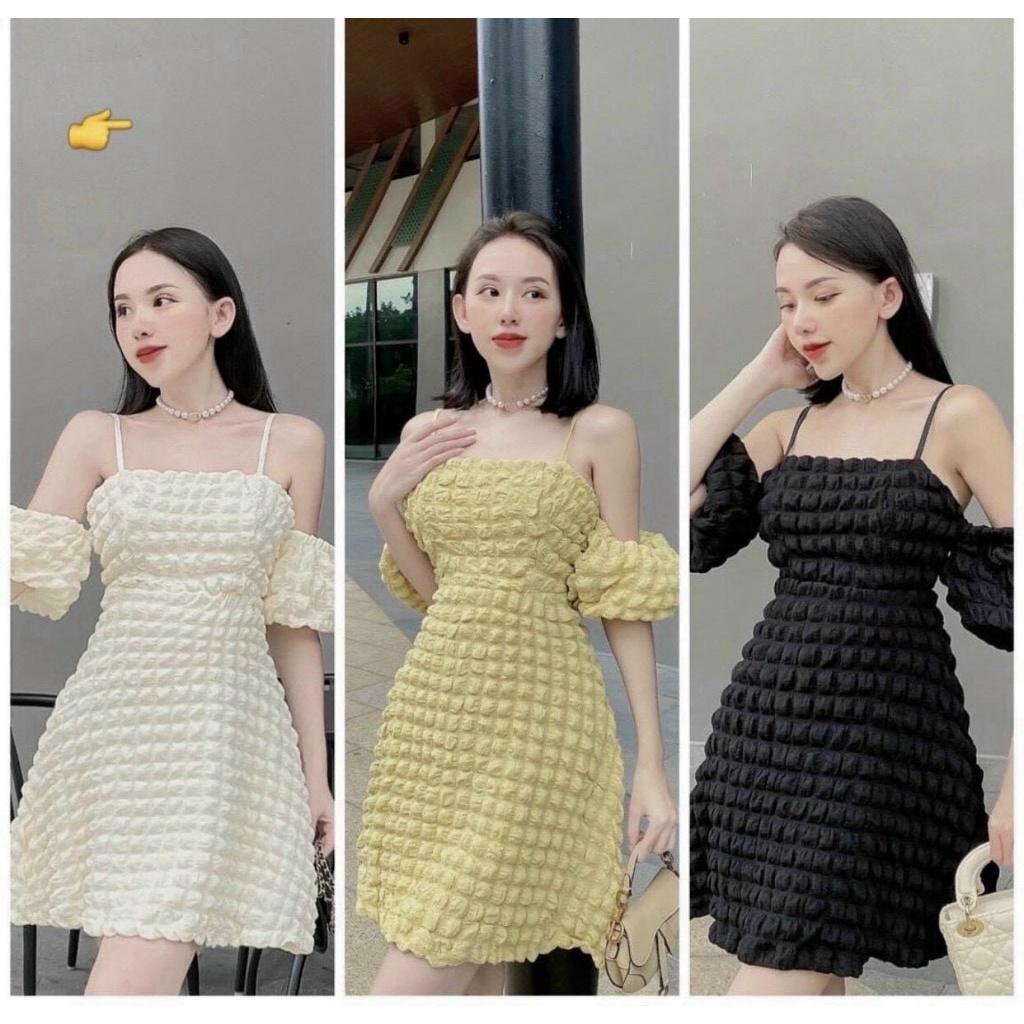 Đầm Babydoll nữ phối 2 Dây Tay Bèo Trễ Vai Chất Thun Gân Xốp Mềm Mịn Bồng Bềnh sang chảnh bkfrreship