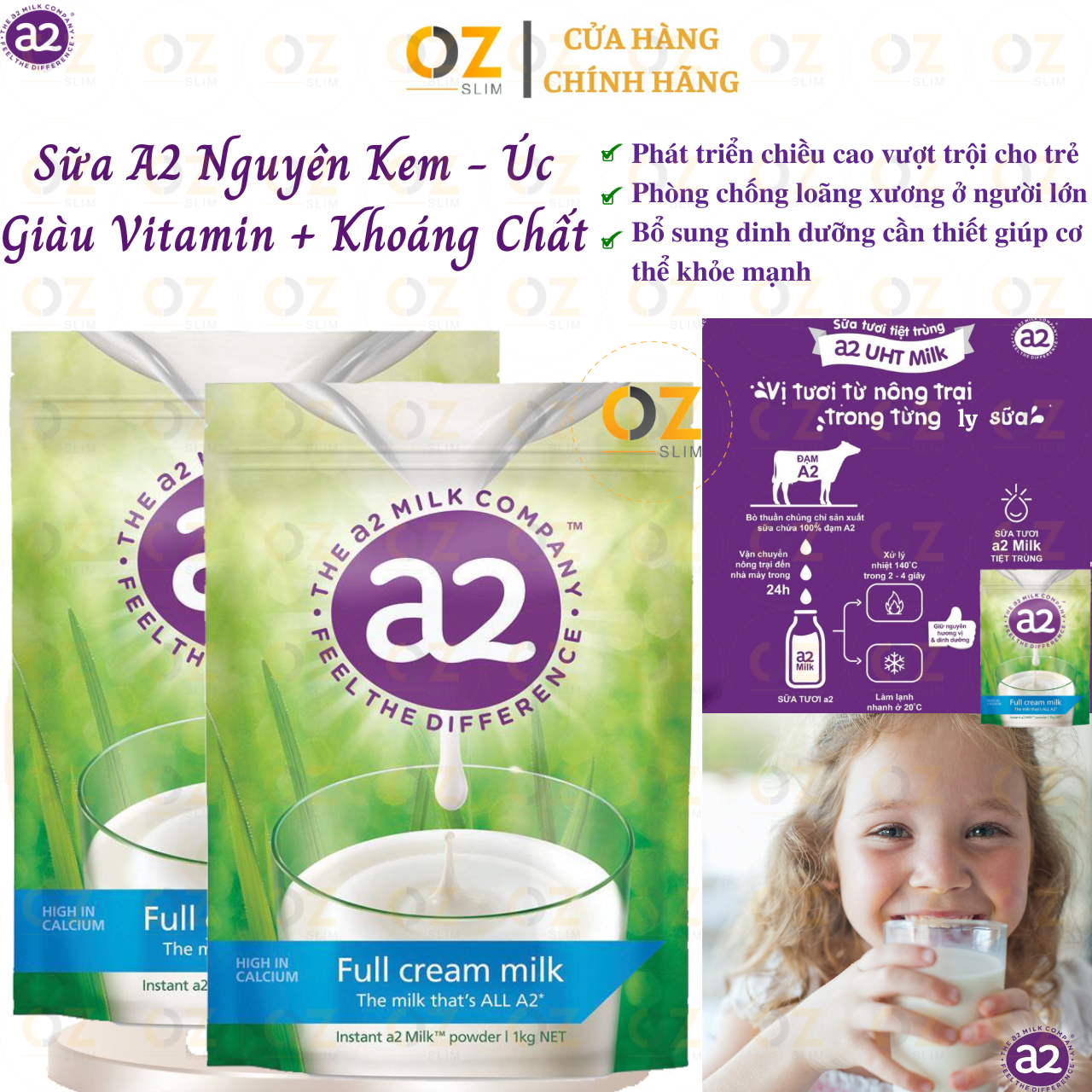 Sữa tăng chiều cao A2 nguyên kem full cream high in calcium phát triển xương, răng ở trẻ, chống loãng xương ở người lớn, tăng sức khỏe - OZ Slim Store