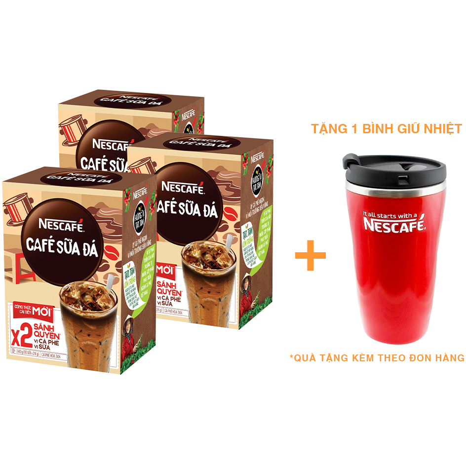 Combo 3 hộp cà phê hòa tan Nescafé 3in1 cà phê sữa đá (Hộp 10 gói x 24g) - [Tặng bình giữ nhiệt]