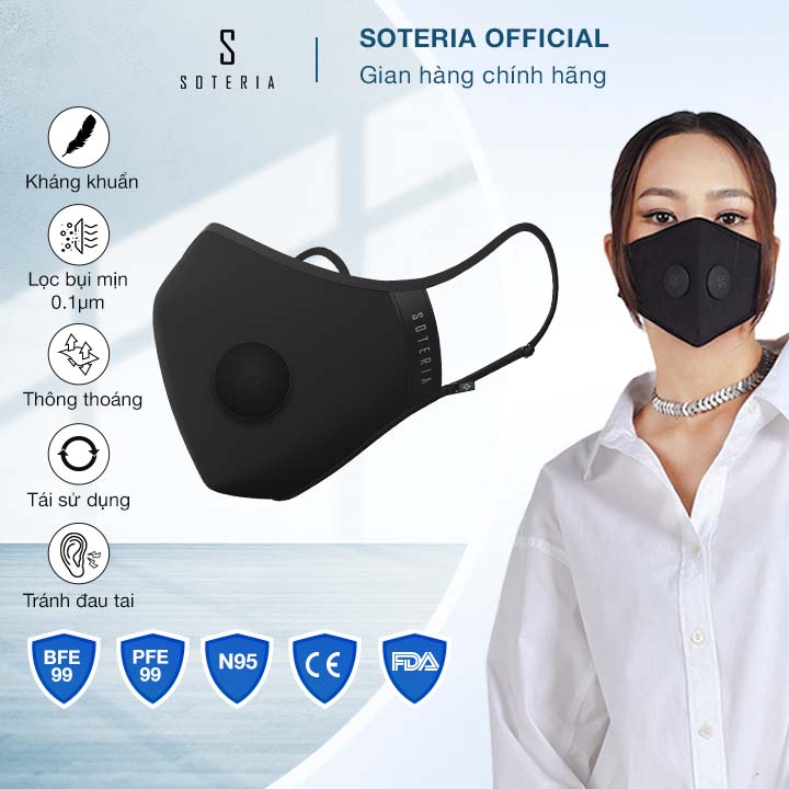 Khẩu trang thời trang Soteria Black ST1091 - Bộ lọc N95 BFE PFE 99 lọc hơn 99% bụi mịn 0.1 micro