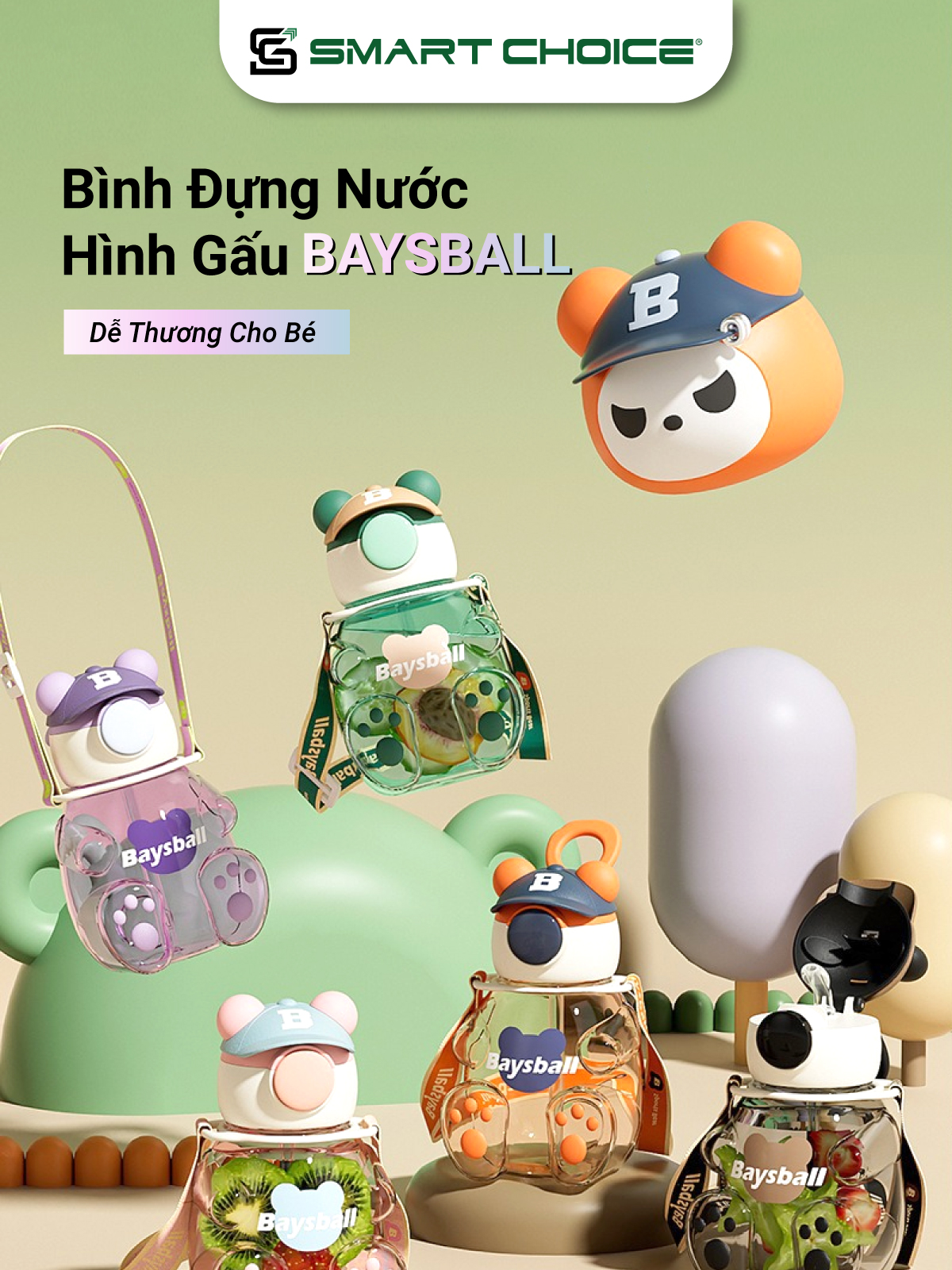 Bình Đựng Nước Gấu Baysball SMARTCHOICE 3 Loại, Lọ Đựng Nước Cao Cấp Dễ Thương Cho Bé SCG-PK083