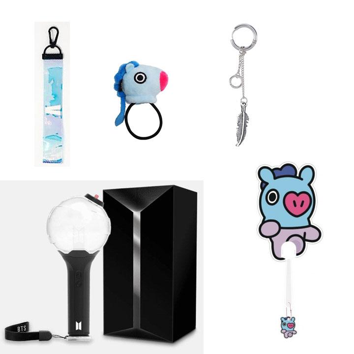 Combo 5 món đồ BTS gồm nametag hologram dây buộc tóc quạt cầm tay BTS chibi khuyên tai bomb ver 2