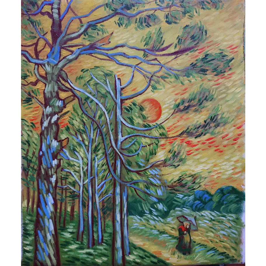 Hoàng Hôn Dưới Rừng Thông - Tranh Sơn Dầu Vẽ Tay 30x40cm
