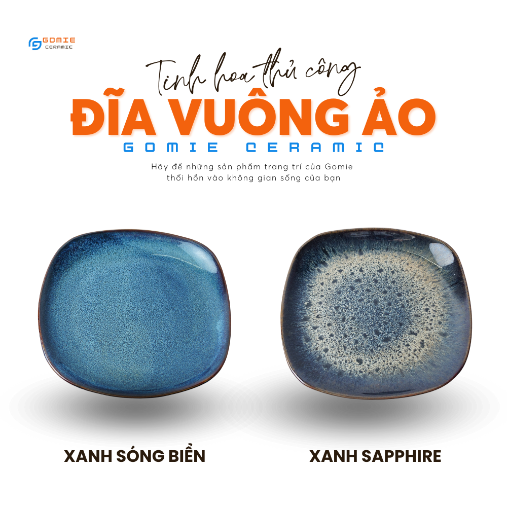 Đĩa vuông ảo chuyên dùng cho nhà hàng, thủ công bởi Nghệ Nhân Gomie Bát Tràng, an toàn cho sức khỏe người tiêu dùng