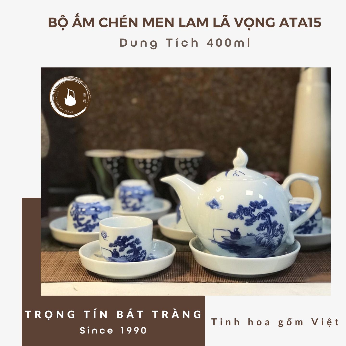 Bộ Ấm Chén Trà Đạo Gốm Trắng Men Lam Bát Tràng Lã Vọng Câu Cá Dáng Thủy Bình Dung Tích 400ml ATA 15