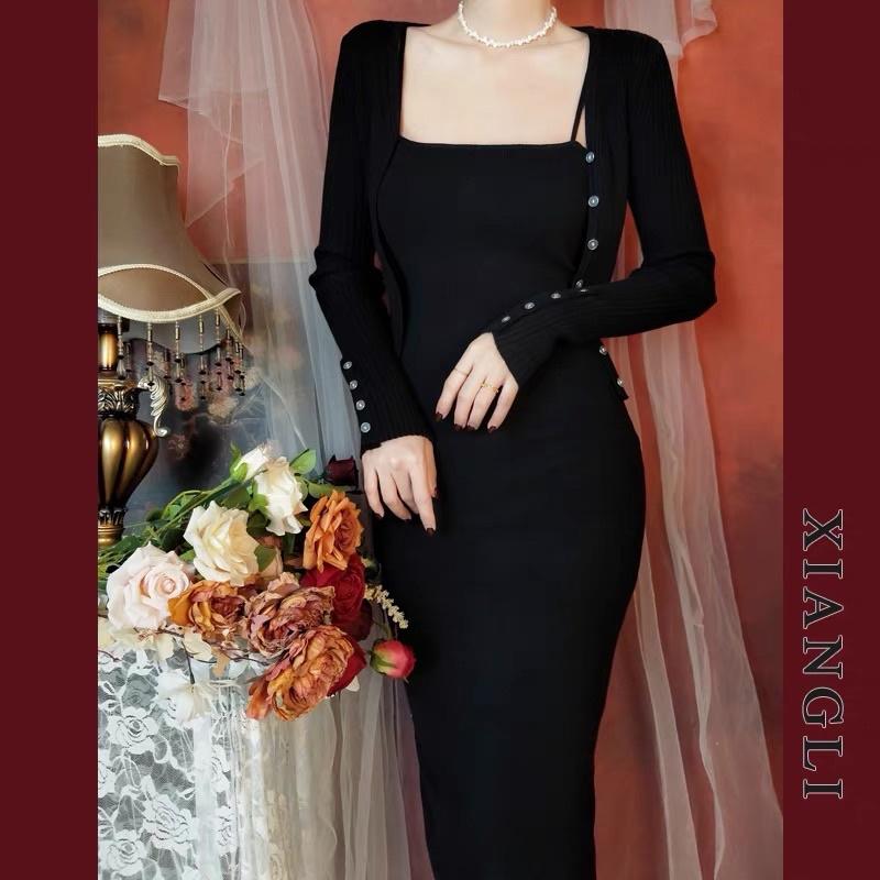 Set áo cardigan len và váy dây midi len cao cấp 2021