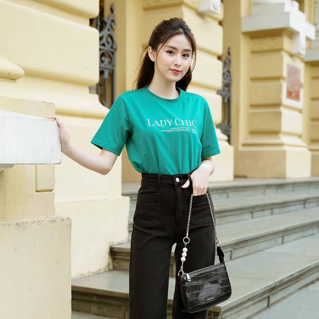 Áo thun tay lỡ Méo shop cổ tròn cotton in chữ Lady Chic freesize form rộng