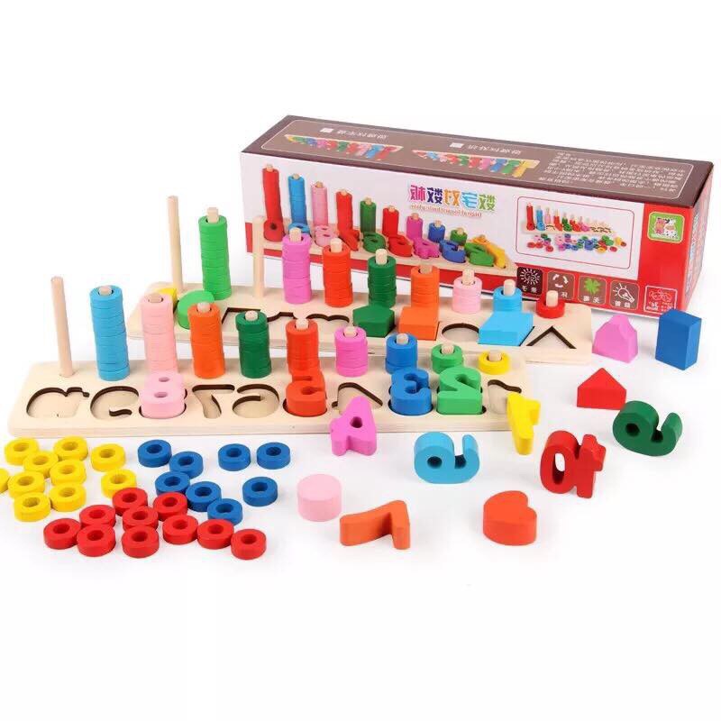 Giáo Cụ Montessori Bộ Học Đếm Bậc Thang 10 Cột Tính Bằng Gỗ Tặng Kèm Bộ thẻ Cho Bé Học Đếm Và Học Cữ Cái