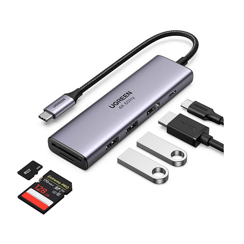 Hub chuyển đổi Ugreen Type-C sang HDMI + USB3.0*2 + SD/TF + PD 4K 60Hz CM511- hàng chính hãng