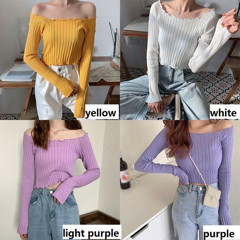 Áo thun dáng ngắn dài tay cổ vuông phong cách retro cho nữ