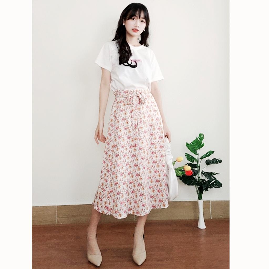 Set chân váy hoa dáng dài nữ tính + áo phông SR005