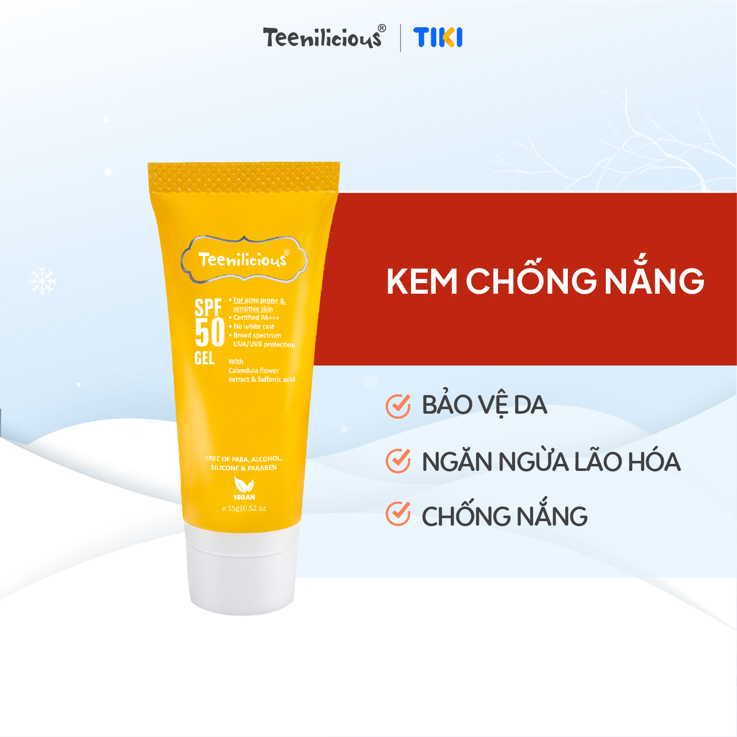  [Mini Size] Kem Chống Nắng Teenilicious SPF 50 PA+++ Gel 15g Mỏng Nhẹ Dành Cho Da Dầu Mụn Và Nhạy Cảm 