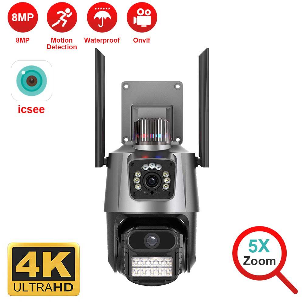 8MP 4K Camera IP Ống Kính Kép Màn Hình Kép Camera PTZ Wifi Ngoài Trời Chống Nước An Ninh Video Camera Giám Sát Báo Động