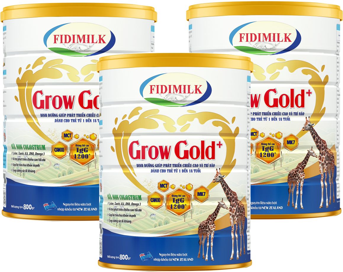 Combo 3 lon Sữa công thưc FIDIMILK GROW GOLD lon 800g - Dinh dưỡng phát triển chiều cao, chứa sữa non Colostrum dành cho Bé 1 - 15 tuổi.