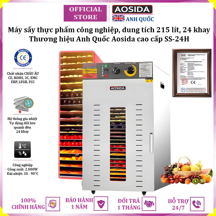 Máy sấy thực phẩm công nghiệp thương hiệu cao cấp AOSIDA SS-24H 24 khay - Dung tích 215L - Hàng nhập khẩu