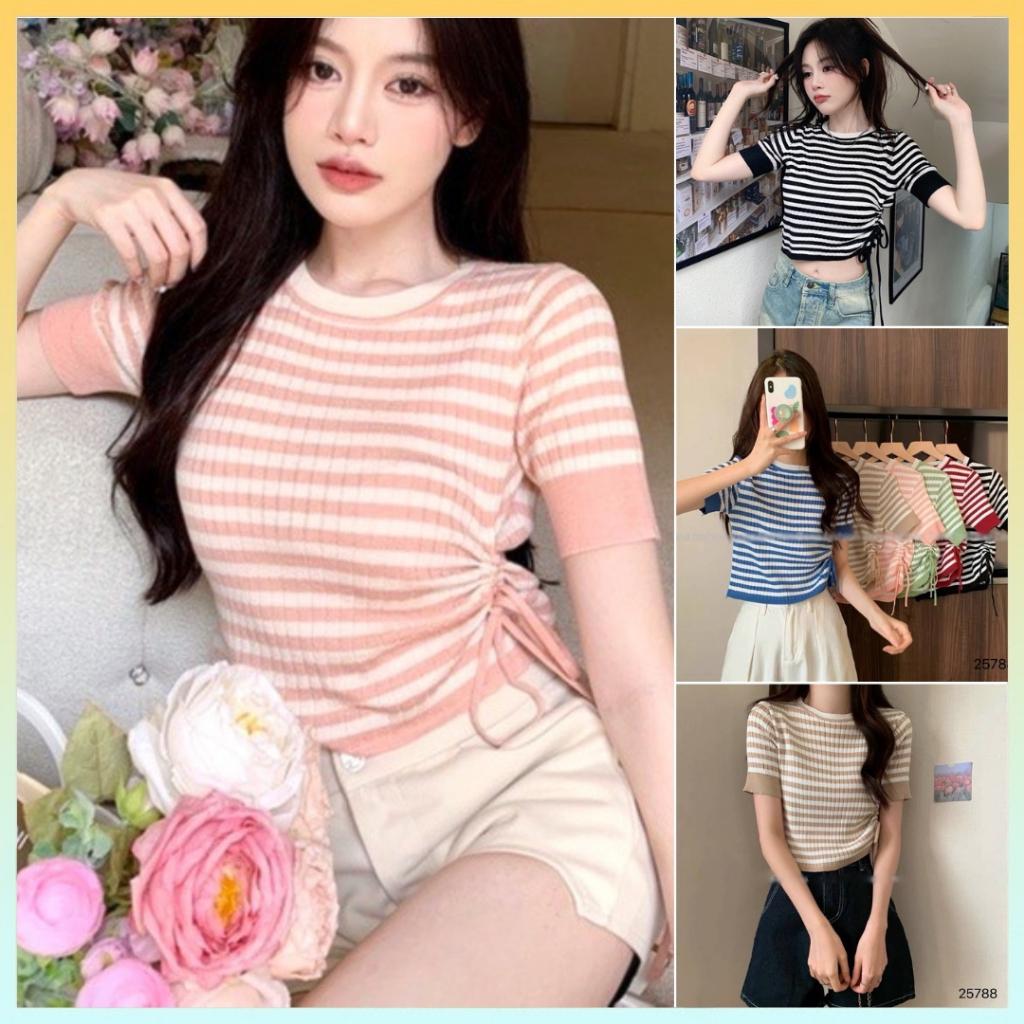 Áo len nữ Montoghi dệt kim có dây RÚT EO Quảng Châu cổ tròn cộc tay kẻ sọc phong cách trẻ trυng năng động