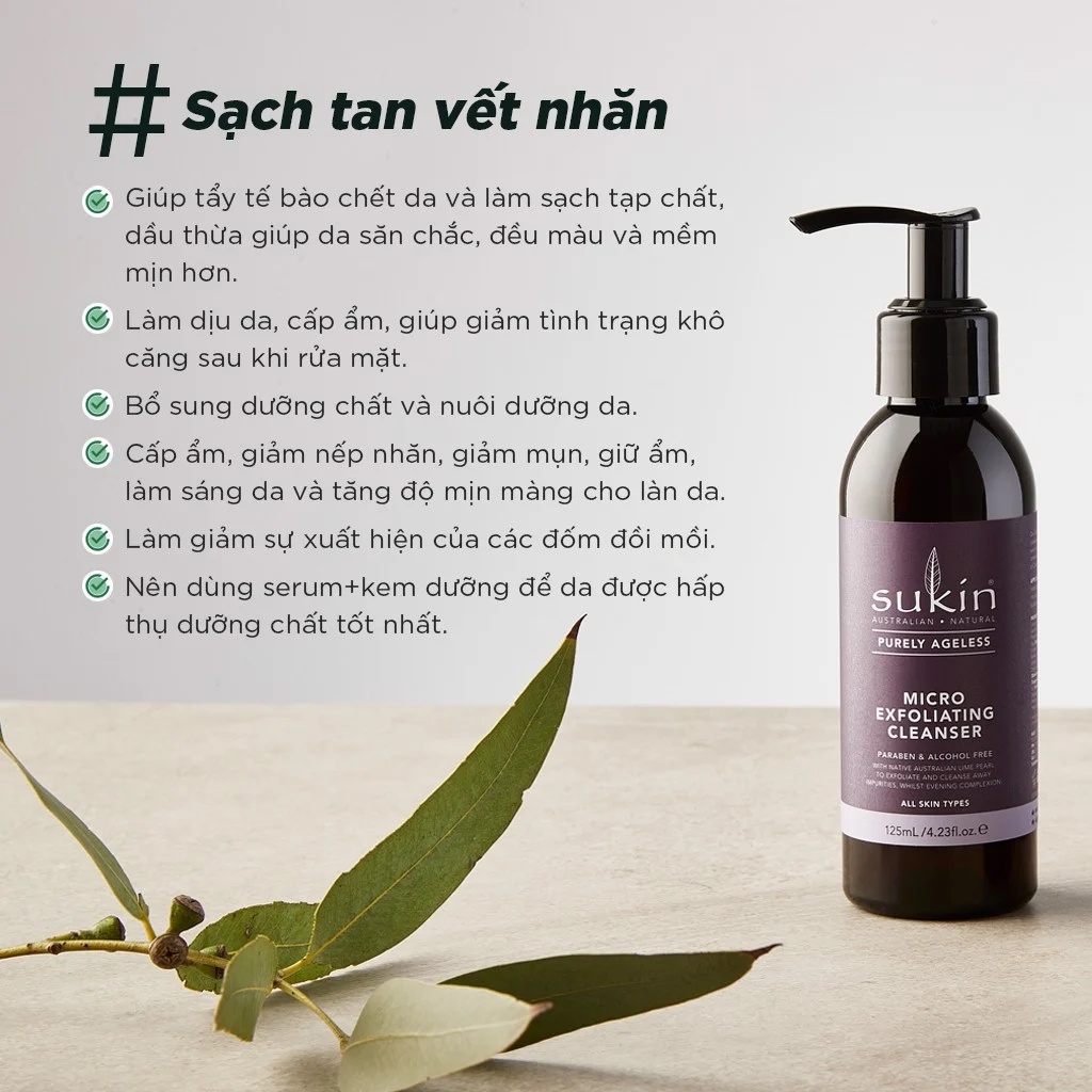 Sữa Rửa Mặt Làm Sạch Da Chết Sukin Purely Ageless Micro Exfoliating Cleanser 125Ml