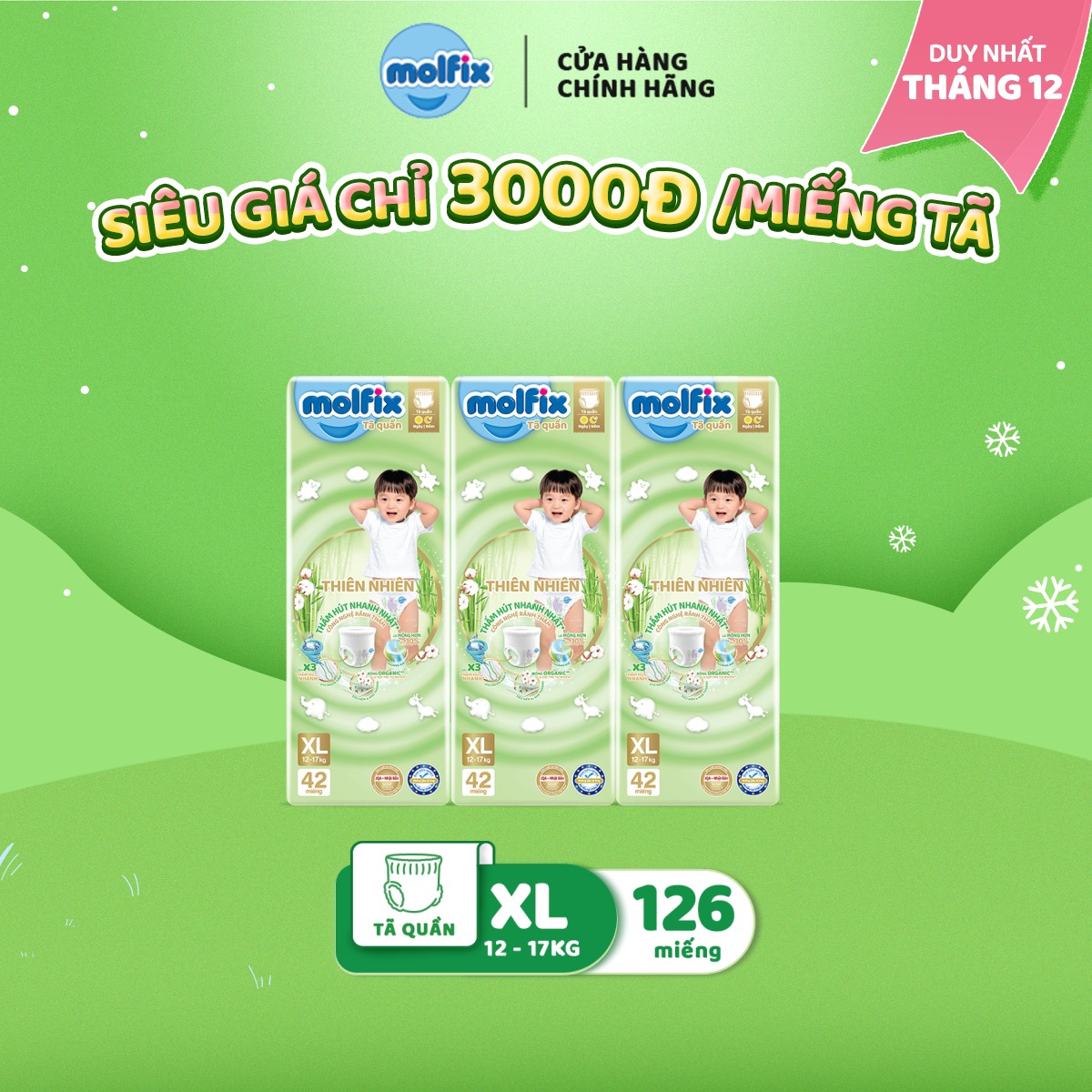 Combo 3 Tã/bỉm quần Molfix Thiên nhiên Super Jumbo M60/L52/XL42/XXL38