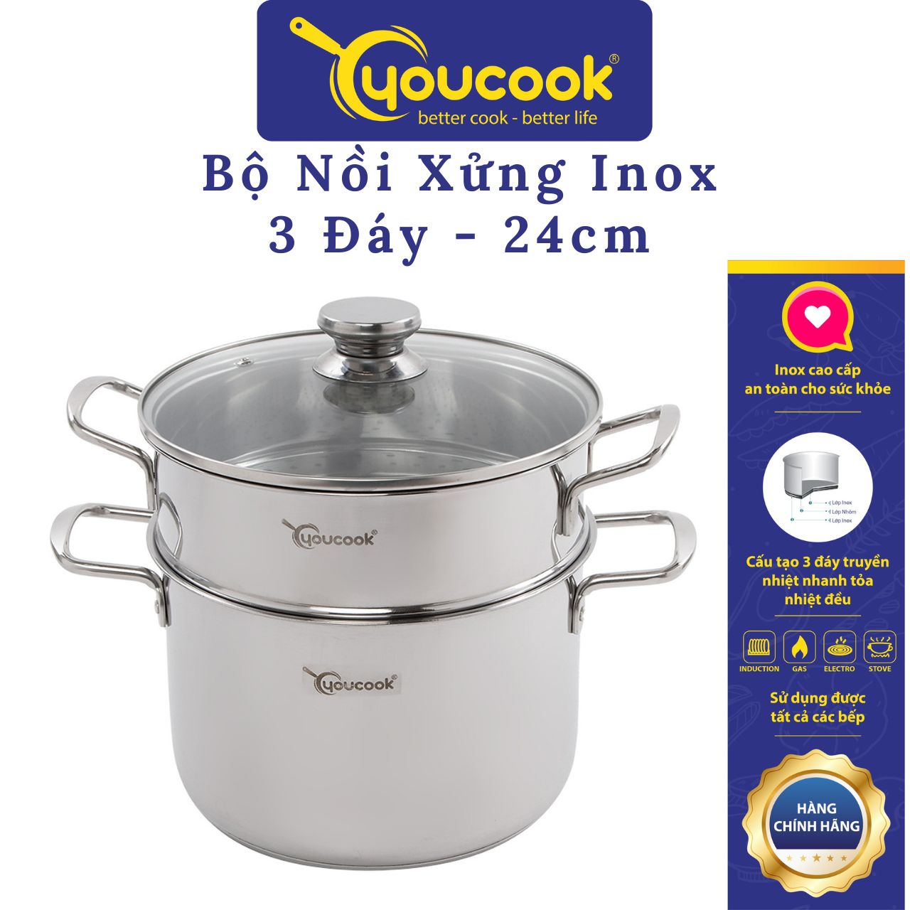 Bộ Nồi Xững Inox 3 Đáy Cao Cấp You Cook YCST24-3L