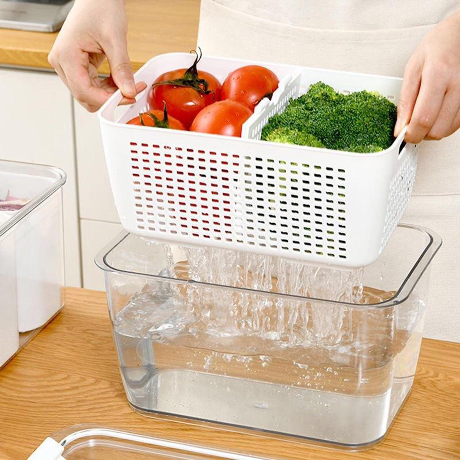 3xProfessional 3-in-1 Drain Basket Vegetable Fruit Partitions Storage Box white