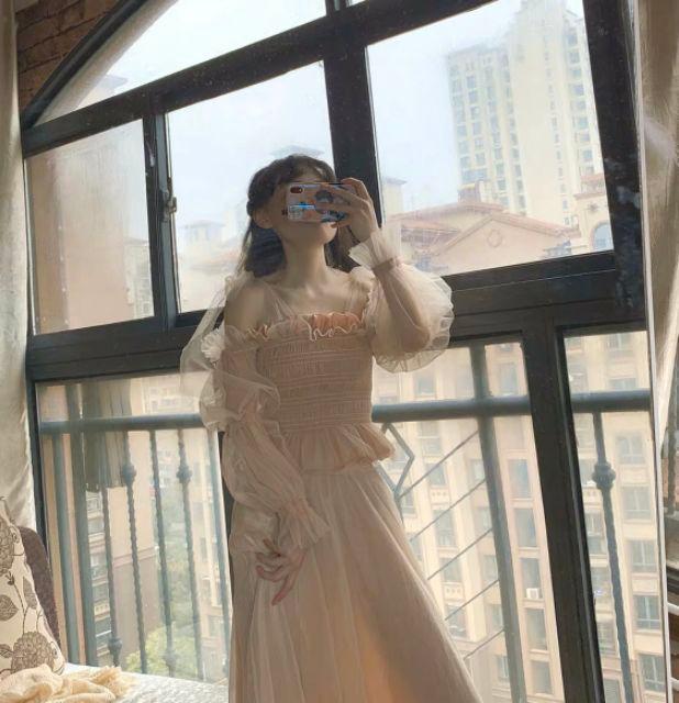 Áo kiểu nhún tay lưới nơ bánh bèo xinh iu iu
