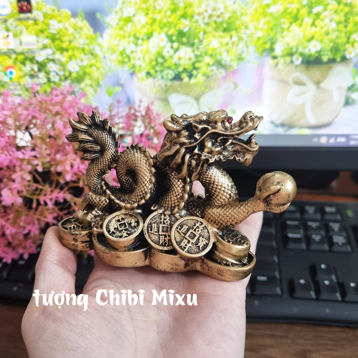 Tượng Rồng cuộn cầm ngọc sơn giả đồng, Rồng nhả ngọc phong thủy 11cm, Tượng đá trang trí Rồng phong thủy Giàu có Quà tặng Đồ trang trí