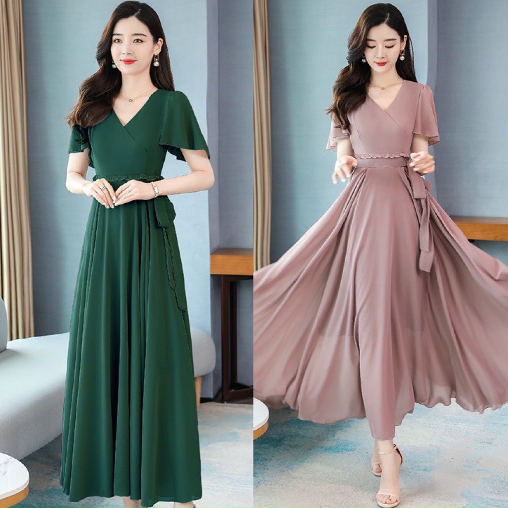 ĐẦM MAXI CỔ V CÁCH ĐIỆU EO DỄ THƯƠNG