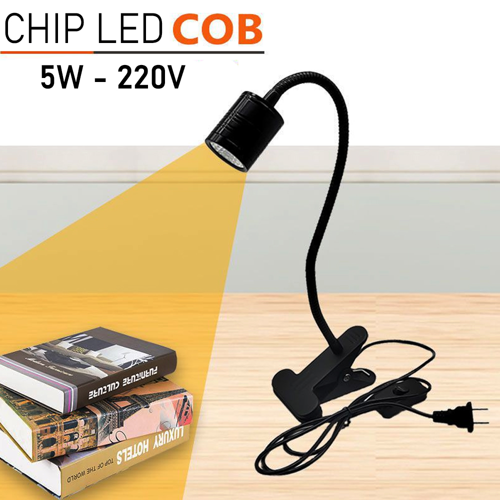 Đèn kẹp đọc sách đầu giường BOLUX 5W-220V, Bóng Led COB ánh sáng chiếu rọi tập trung, Thân đèn Kim loại uốn 360 độ