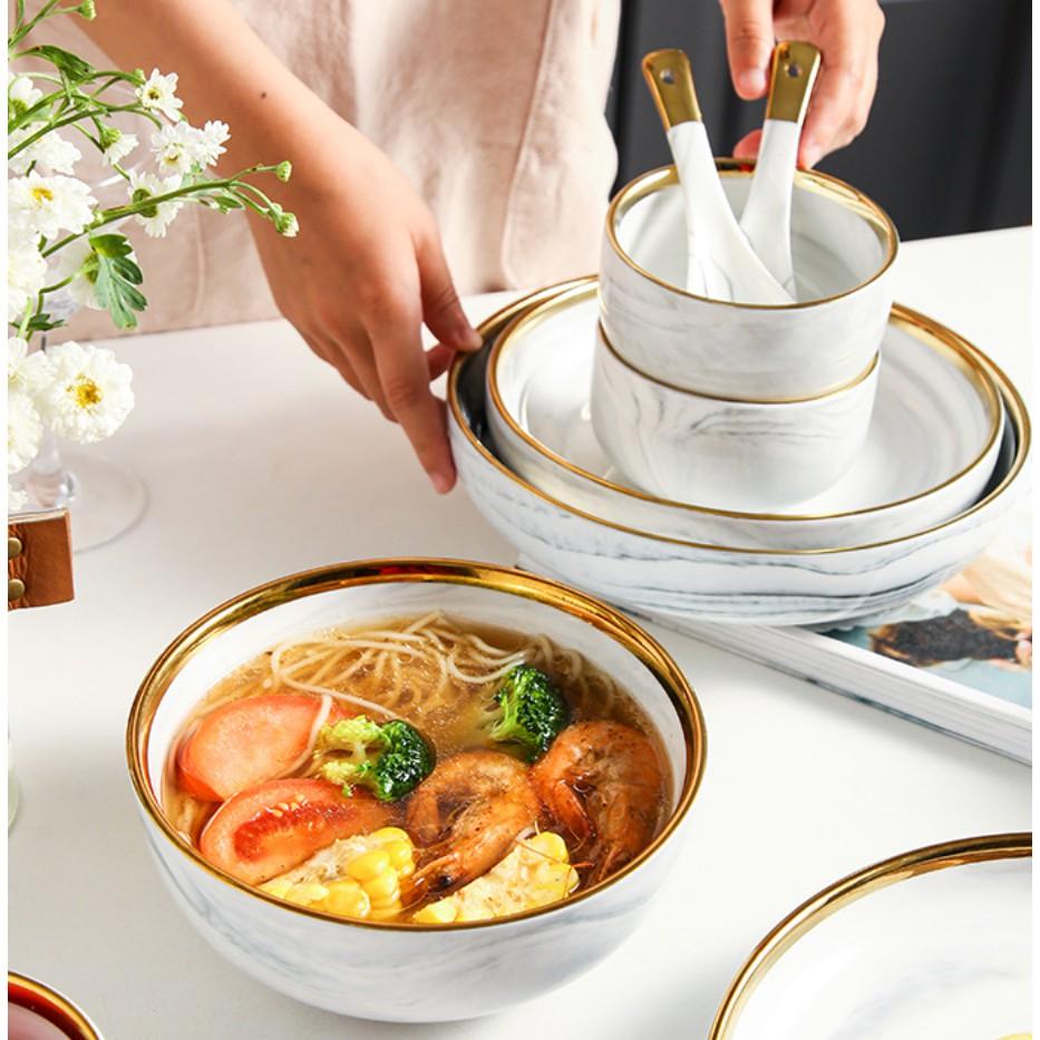 Set bát đĩa 26 món. bộ bát đĩa 26 món màu ghi vân đá. viền vàng sang trọng