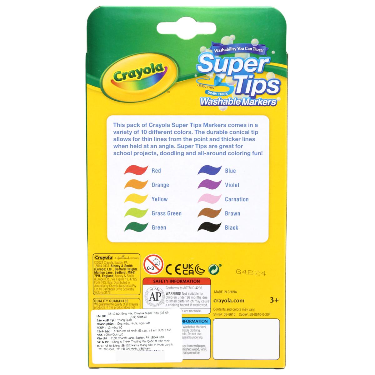 Hộp 10 Bút Lông Màu Super Tips - Dễ Tẩy Rửa - Crayola 588610